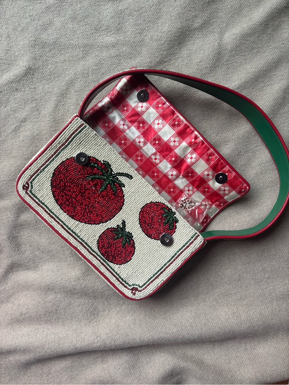 STAUD Red and Green Beaded Tomato Shoulder Bag
